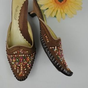 Matisse Shakira Brown Beaded Mules Kitten Heel 6.5